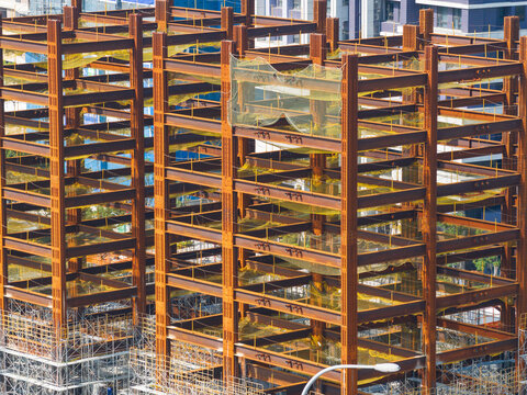 Aerial View of Steel Frame Building Under Construction