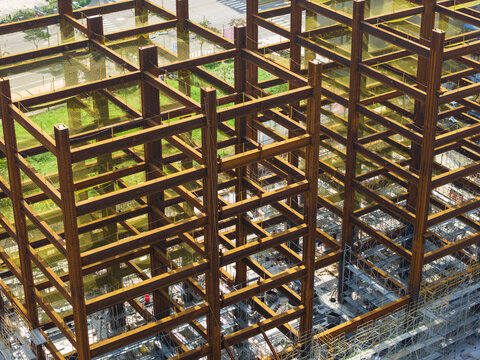 Aerial View of Steel Frame Building Under Construction