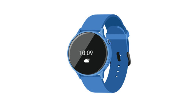 A modern blue smartwatch with a circular black face displays the digital time and a small yellow sun weather icon against a minimalist white background.