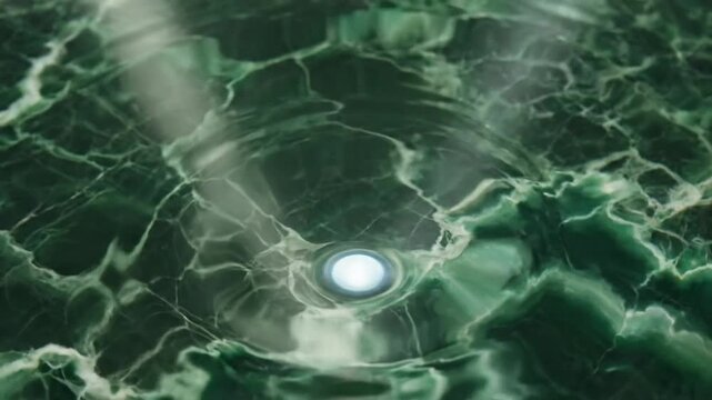 Luminous water droplets floating on dark teal liquid surface with fine ripples and glossy reflections, close-animated movie macro texture