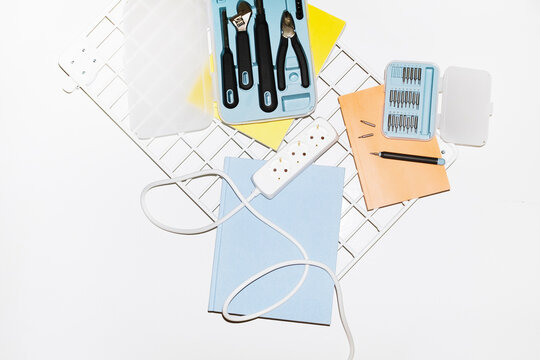 Blue working and building tools and equipment hammer, screwdriver
