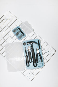Blue working and building tools and equipment hammer, screwdriver