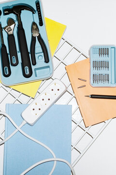 Blue working and building tools and equipment hammer, screwdriver
