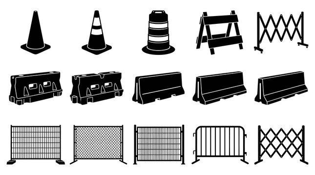 Black  White Construction Traffic Safety Barriers and Cones Glyph Icons