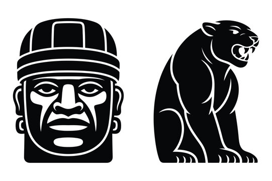 Ancient aztec head sculpture and powerful panther animal silhouette vector icons