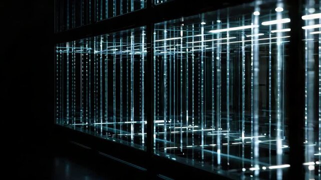 Glowing glass display with grid of LED light reflections and reflective futuristic mood