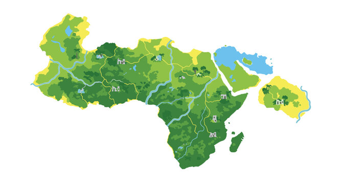 A stylized map of the African continent is rendered with lush green forests and yellow coastlines alongside winding blue rivers on a white background.