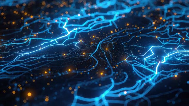 Glowing blue neural network lines connecting golden and orange data points for dynamic connection