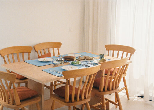 Long analog shot of a breakfast table