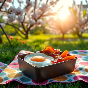 Bento box al aire libre con luz c&aacute;lida y ambiente primaveral