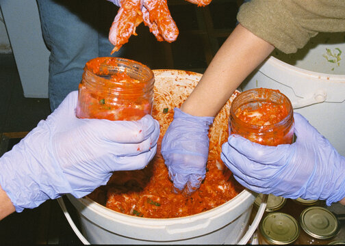 Film shot of a group of unknown people filling glass jars with kimchi
