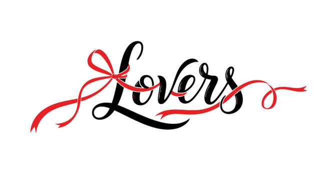 Elegant handwritten lovers text with red ribbon accent