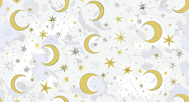 Festive celestial pattern with moons stars and sparkles