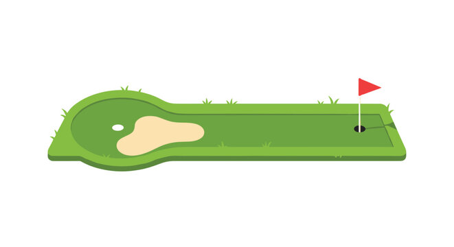 A minimalist green miniature golf hole features a small tan sand trap and a crisp white ball positioned near a vibrant red flag marking the target cup.
