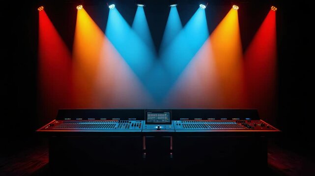Stage lighting console with colorful red orange and blue spotlights creating dramatic concert