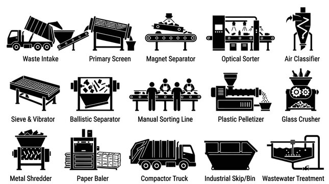 Recycling Waste Management Industrial Process Machinery Glyph Icon Set