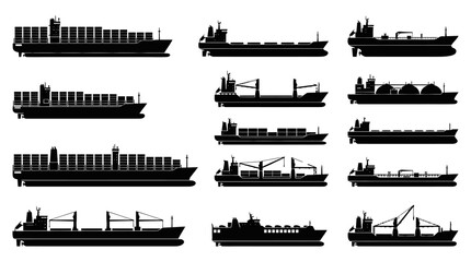 Obraz premium Maritime Shipping Ships Silhouettes - Cargo, Tanker, Container Vessels Vector Set