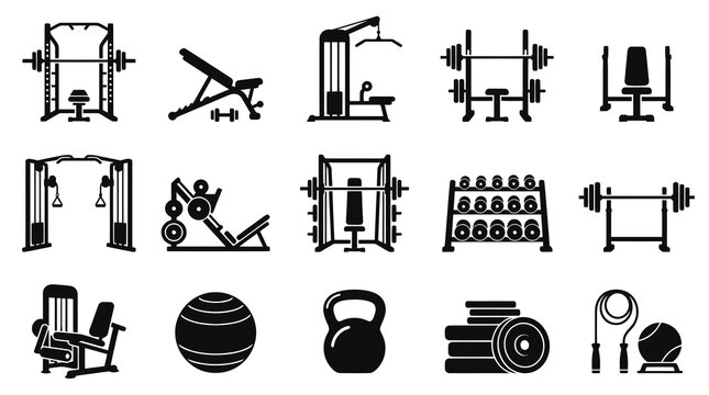Fitness Gym Equipment Black and White Glyph Icons Vector Set for Workout and Sport