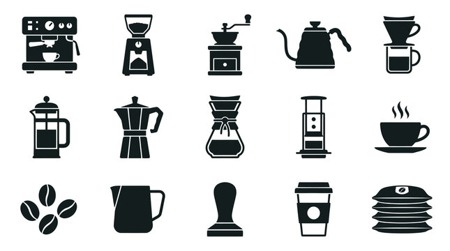 Coffee Icons Set - Glyph Style Beverage Making Equipment, Drinks  Beans Collection