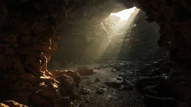 Sunlit cave chamber with rocky floor and beams of light creating dramatic cavern atmosphere