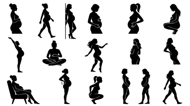Silhouette pregnant women diverse poses black and white vector art