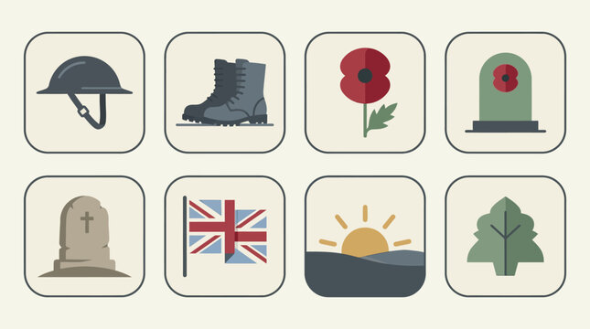 Ceremonial remembrance icons depict military helmets, boots, poppies, tombstones, and flags in a solemn ceremony at a memorial service.