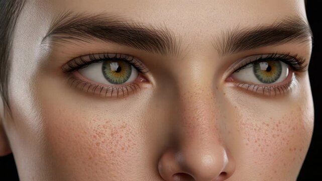 Close up portrait of freckled face with green eye, portrait close up of freckle and eye with soft