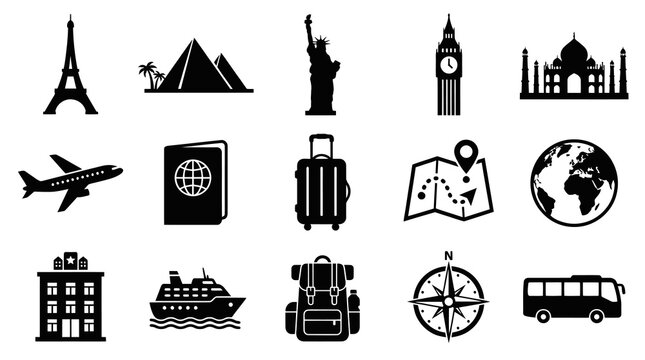 Travel Icons Set Glyph Black White Eiffel Tower Taj Mahal Airplane Globe