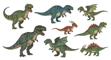 Collection of diverse dinosaur illustrations in various poses. © Anjani