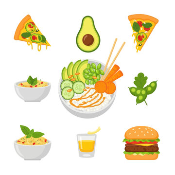 Healthy Food Variety: Poke Bowl, Burger, Pizza, Pasta, Avocado, Juice