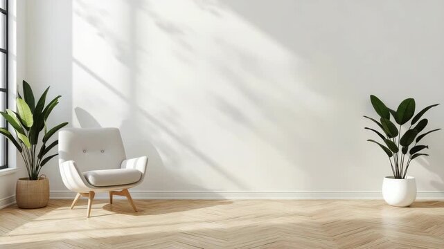 Minimal modern living room sunlight armchair wooden floor plants white soft shadow calm atmosphere