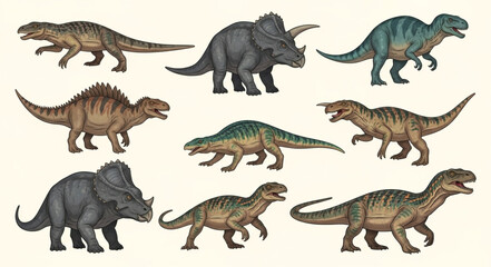 Collection of various dinosaur species depicted in illustration style. © Anjani