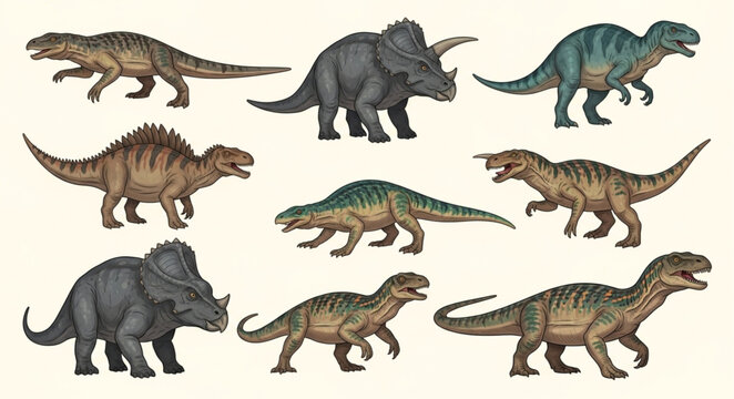 Collection of various dinosaur species depicted in illustration style.