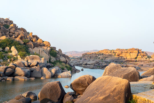 Granite boulder landscape along Tungabhadra River in Hampi, India