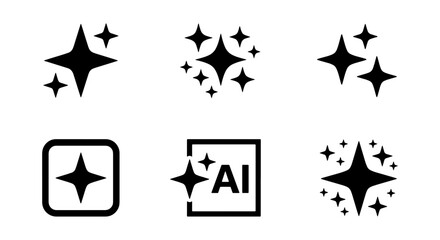 Sparkle star icon set, black AI magic glitter symbols, 6 vector shine elements for UI © Kazi