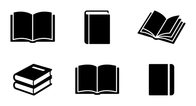 Minimalist book icon set, black library symbols, 6 education vector elements for web