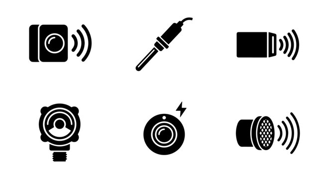 Electronic sensor icons set, ultrasonic and motion sensors, industrial hardware vectors