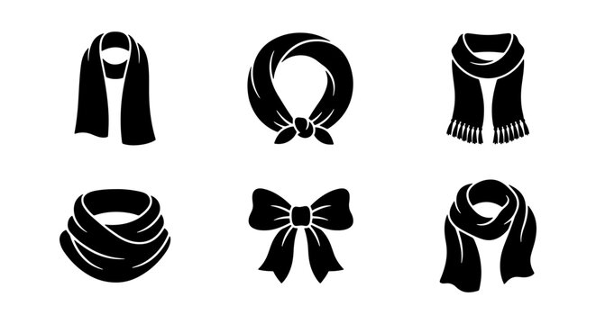 Minimalist scarf icon set, black winter neckwear silhouettes, 6 fashion vector elements