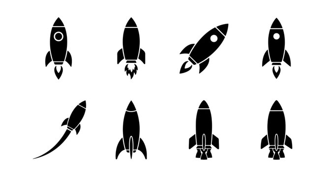 Rocket ship icon set, black spaceship silhouettes, 8 startup launch vector elements