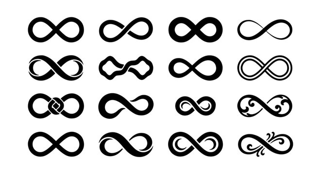 Infinity symbol collection, 16 black loop icons, eternal logo set, vector graphics