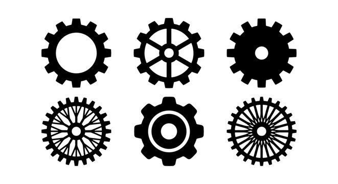 Industrial gear icons set, mechanical cogwheel vector, black engine cog elements