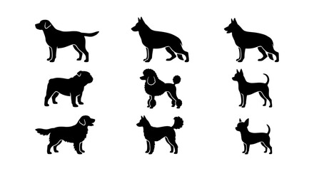 Dog breed silhouettes set, 9 canine animal icons, black pet profile vector collection © Kazi