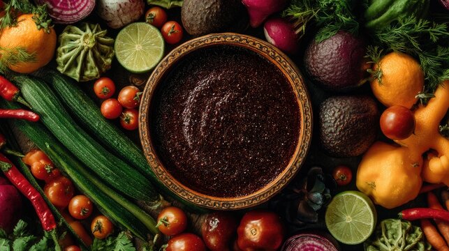 Colorful Assortment of Fresh Vegetables with Bowl of Sauce Centered