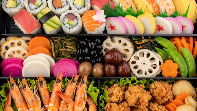 Assorted sushi and vegetable platter