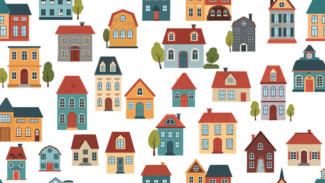 Cheerful seamless pattern featuring a variety of colorful cartoon houses with trees, creating a vibrant and lively neighborhood scene.
