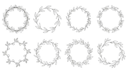 Obraz premium Collection of eight diverse floral wreaths, each intricately designed with various leaves and branches in a delicate line art style.