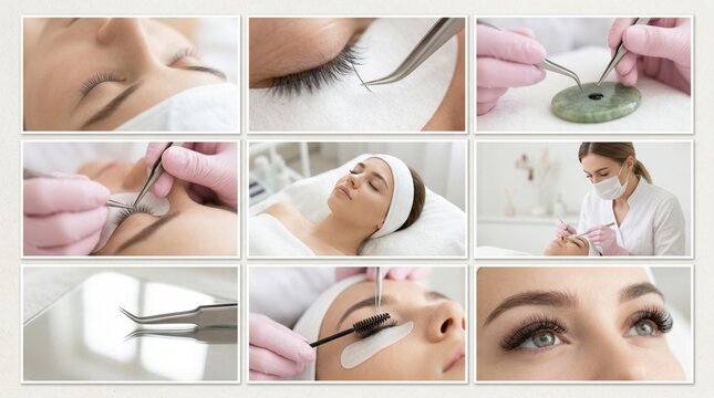 Eyelash extension procedure collage featuring close-ups of application techniques and tools used in a modern beauty salon setting