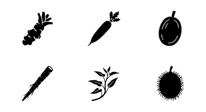 Minimalist vegetable icons, black silhouette food set, 6 organic plant vector elements