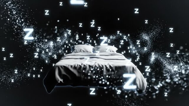 Surreal Dream Concept with Floating Bed and Glowing zzz Symbols