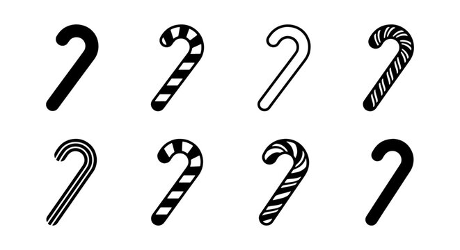 Christmas candy cane icon set, 8 black holiday sweets, winter peppermint vector icons